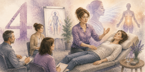 Illustration aquarellée représentant une séance d’hypnose corporelle en contexte de formation, où un praticien accompagne une patiente vers une intégration somatique, sous le regard de participants observant la pratique clinique.