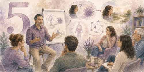 Illustration aquarellée représentant un groupe de formation autour du questionnement narratif et de la TLMR, avec un formateur, des participants et des métaphores visuelles illustrant l’externalisation du problème et l’ouverture vers de nouvelles perspectives.