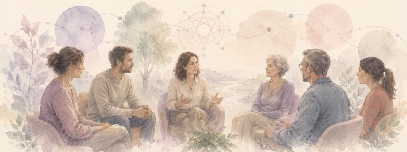 Illustration représentant un groupe d’adultes en échange dans un climat de coopération, symbolisant l’apprentissage relationnel, le partage d’expériences et les ressources du vivant.