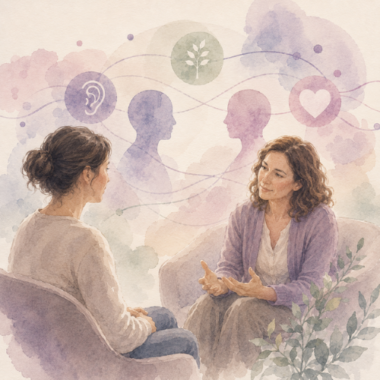 Illustration représentant un thérapeute dans une posture d’écoute active, d’ajustement relationnel et de présence incarnée auprès d’une personne accompagnée.