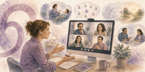 Illustration aquarellée représentant une supervision clinique à distance en visioconférence, réunissant un formateur et plusieurs professionnels autour de situations thérapeutiques et d'échanges réflexifs.