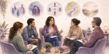 Illustration aquarellée représentant une séance de supervision en thérapie narrative où plusieurs professionnels échangent autour de situations cliniques, de cartes narratives, de l'externalisation et de la réflexion collective.
