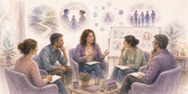 Illustration aquarellée représentant une supervision en TLMR où plusieurs professionnels analysent ensemble des situations cliniques complexes à partir des mondes relationnels, des liens thérapeutiques et des dynamiques de psychotraumatisme.