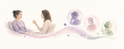 Illustration aquarellée représentant une supervision en thérapie narrative, où un professionnel accompagne un groupe dans l'analyse de situations cliniques, le développement de la posture narrative et la réflexion collective.