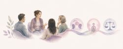 Illustration aquarellée représentant un groupe de professionnels en supervision clinique, échangeant autour de situations rencontrées en thérapie narrative dans un climat de réflexion, de dialogue et d'éthique.