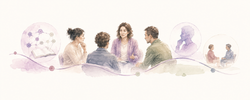 Illustration aquarellée représentant un groupe de professionnels en supervision clinique, reliant théorie, expérience vécue et pratique dans un espace d'échange et d'élaboration.