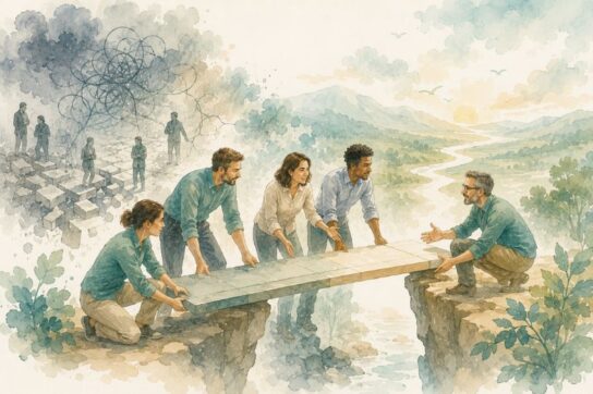 Illustration aquarellée d’une équipe construisant un passage commun pour dépasser les blocages organisationnels et retrouver coopération.