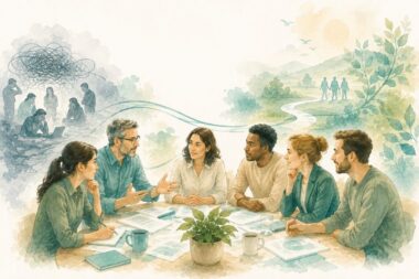 Illustration aquarellée d’une équipe en dialogue retrouvant coopération, régulation des tensions et cadre relationnel dans une organisation en transformation.