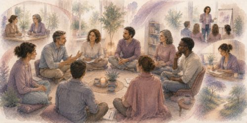 Illustration aquarellée représentant un groupe de professionnels en formation dans un cadre d'écoute et de confiance, illustrant le cadre sécure développé par l'Institut Mimethys pour la transmission et l'apprentissage.