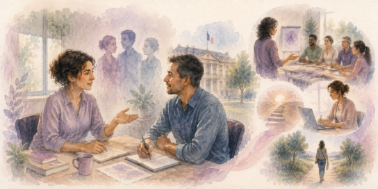 Illustration aquarellée représentant un agent de la fonction publique échangeant avec une formatrice sur un projet de formation financé par le Compte Personnel de Formation (CPF).