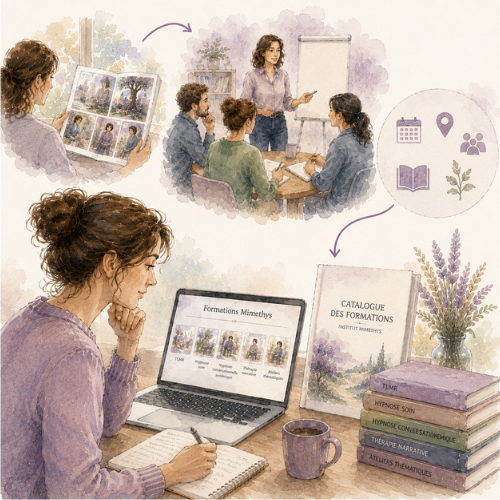 Illustration aquarelle représentant le parcours entre la bande dessinée pédagogique et les formations professionnelles de l’Institut Mimethys, autour de la TLMR, de l’hypnose, de la thérapie narrative et de la posture clinique.