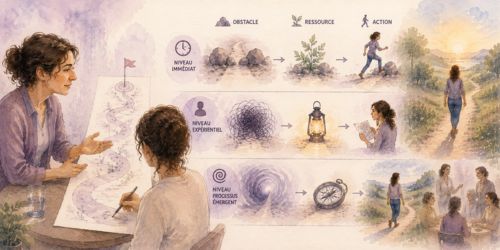 Illustration aquarellée représentant une personne dessinant un chemin thérapeutique avec trois obstacles, trois ressources et trois actions, accompagnée par un thérapeute dans une démarche orientée solution en TLMR.