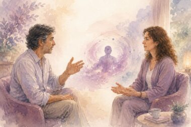 Deux personnes discutant autour d’une forme violette et rose flottant entre elles, symbolisant la problématique externalisée en TLMR, avec un cadre décoratif aux couleurs Mimethys