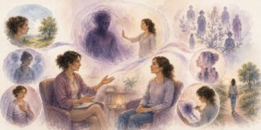 Illustration aquarellée d'une séance de Thérapie du Lien et des Mondes Relationnels montrant l'externalisation d'un phénomène relationnel sous la forme d'un personnage, avec des signes discrets de transformation dans la vie quotidienne.