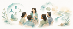 Illustration aquarelle représentant une coach accompagnant un groupe de professionnels, avec des symboles de coopération, de régulation des émotions et de transformation relationnelle, illustrant la formation pour les coachs de Mimethys Entreprises