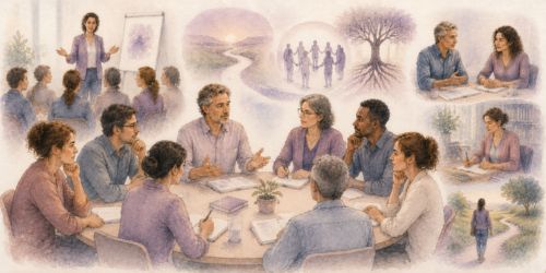 Illustration aquarellée représentant un comité de formateurs et de praticiens échangeant autour de la transmission des savoirs, illustrant la responsabilité collective et la cohérence pédagogique de l'Institut Mimethys.