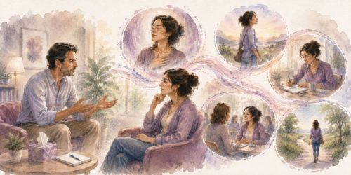 Illustration aquarellée d'une séance d'hypnose relationnelle montrant une personne accompagnée vers un changement durable qui se prolonge dans sa manière de vivre, de se percevoir et d'entrer en relation.