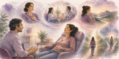Illustration aquarellée représentant une séance d'hypnose relationnelle où un thérapeute accompagne une patiente dans une exploration du corps, de la perception de la relation et de l'imaginaire comme ressources de transformation.