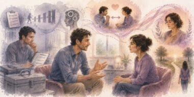 Illustration aquarellée montrant un thérapeute et une patiente en séance d'hypnose relationnelle, opposant une approche fondée sur les protocoles à une pratique basée sur l'observation, l'accordage et la qualité de la relation.
