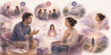 Illustration aquarellée d'une séance d'hypnose relationnelle entre un thérapeute et une patiente, montrant comment une suggestion s'intègre progressivement dans l'expérience personnelle grâce à une relation d'écoute et d'ajustement.