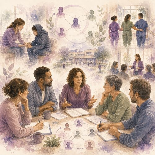 Illustration aquarellée représentant une équipe pluridisciplinaire échangeant autour de situations d'accompagnement de publics vulnérables, avec des scènes illustrant la qualité du lien, la coopération et les dynamiques relationnelles en institution.