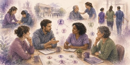 Illustration aquarellée représentant une équipe de professionnels échangeant autour de l'accompagnement de publics vulnérables, avec des scènes évoquant la qualité du lien, la coopération, la stabilité du cadre et les dynamiques relationnelles en institution.