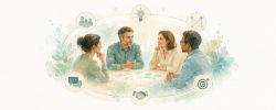 Illustration aquarellée de managers réunis autour d’une table, évoquant l’intelligence collective, la coopération et la transformation des pratiques managériales.