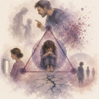 Illustration du piège fondateur en Thérapie du Lien et des Mondes Relationnels (TLMR), montrant un enfant pris entre maltraitance, abandon et effondrement du lien d'attachement.