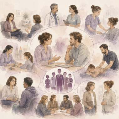 Illustration aquarellée représentant différents professionnels de santé, du soin et de la relation d’aide échangeant et accompagnant des personnes, symbolisant les ressources professionnelles de l’Institut Mimethys.