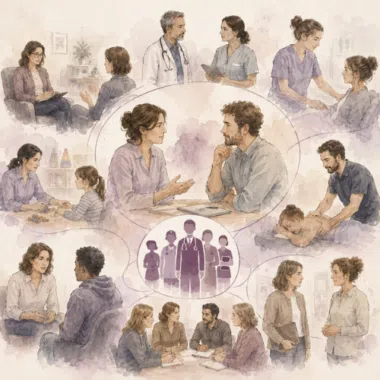 Professionnels du soin et de la relation d’aide échangeant et accompagnant des personnes.