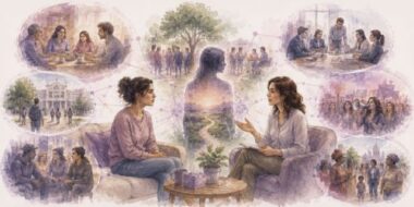 Illustration en aquarelle d'une scène d'accompagnement clinique où plusieurs adultes échangent autour d'une situation, évoquant l'influence des contextes familiaux, institutionnels et sociaux sur les récits de vie et le pouvoir d'agir.
