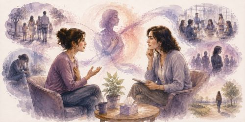 Illustration aquarellée d'une séance de thérapie narrative montrant un échange entre une thérapeute et une patiente, avec des scènes évoquant les contextes de vie, les résonances relationnelles et la posture clinique incarnée.