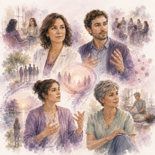 Illustration aquarellée représentant plusieurs praticiens de disciplines différentes partageant leur expérience de la thérapie narrative à travers des scènes de consultation, de supervision et d'accompagnement clinique.