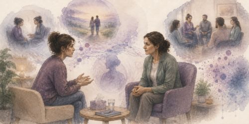 Illustration aquarellée représentant une séance de thérapie en TLMR où le thérapeute accompagne le patient par une présence attentive, une écoute relationnelle et une observation des processus en cours.