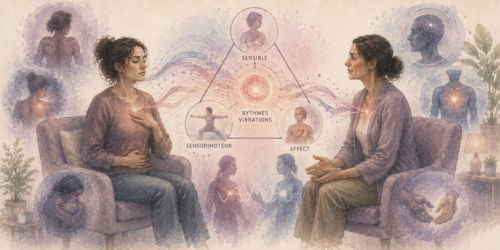 Illustration aquarellée représentant un thérapeute et une patiente en séance, mettant en lumière la corporéité relationnelle en TLMR, où les rythmes du corps, les sensations et les émotions deviennent des ressources du travail thérapeutique.