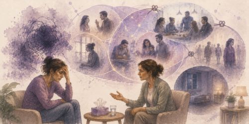 Illustration aquarellée d'une séance de thérapie TLMR montrant un thérapeute aidant une patiente à explorer les mondes relationnels qui donnent sens à son symptôme plutôt que de se focaliser sur celui-ci.
