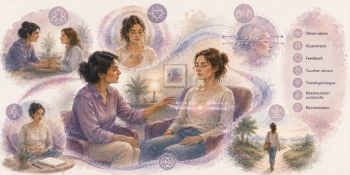 Illustration aquarellée représentant une séance de TLMR où une thérapeute accompagne une patiente à l'aide de mouvements alternatifs, dans une approche intégrant le lien, le corps, l'accordage et l'expérience intérieure.