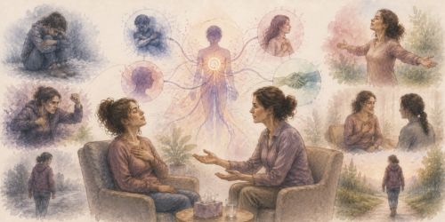 Illustration aquarellée représentant une séance de thérapie TLMR où une personne retrouve progressivement un lien entre son corps, ses émotions et sa relation grâce à un accompagnement thérapeutique sécurisant.