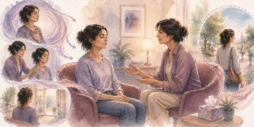 Illustration aquarellée représentant une thérapeute accompagnant une patiente lors de la réorientation après une séance de TLMR, favorisant le retour aux repères corporels, relationnels et à l'ici et maintenant.