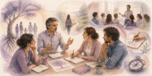 Illustration aquarellée représentant un formateur transmettant la Thérapie du Lien et des Mondes Relationnels (TLMR) à un groupe de praticiens, symbolisant la filiation, la responsabilité de transmission et la continuité d'une pratique clinique.