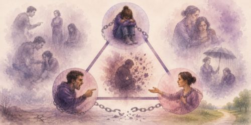 Illustration pédagogique représentant le triangle de la honte en Thérapie du Lien et des Mondes Relationnels (TLMR), montrant la conviction de défectuosité, les interactions relationnelles et le chemin vers une relation sécurisante.