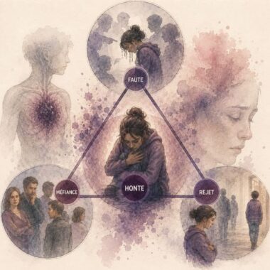 Illustration du triangle de la honte en Thérapie du Lien et des Mondes Relationnels (TLMR), représentant la conviction d'être défectueux, entre faute, méfiance, rejet et honte profondément inscrite dans l'expérience relationnelle.