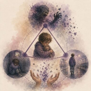 Illustration représentant un enfant confronté au triangle de la monstruosité en TLMR, symbolisant la rupture entre l'intention, l'action et leurs effets, avec des métaphores visuelles de l'enfermement et de l'errance.