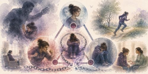Illustration aquarellée du triangle de survie en TLMR montrant les stratégies de dissociation, de lutte et d’évitement ou figement développées face au traumatisme.