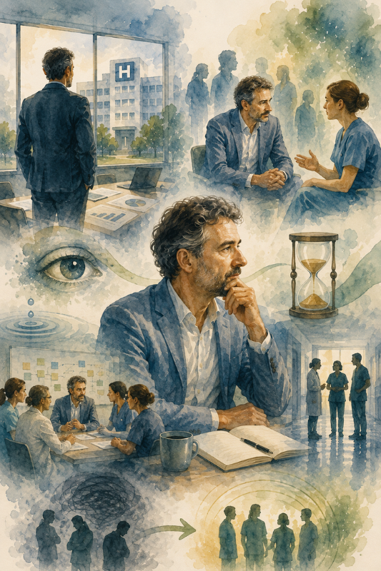 Illustration d’un ancien directeur d’hôpital observant les relations et les échanges entre professionnels