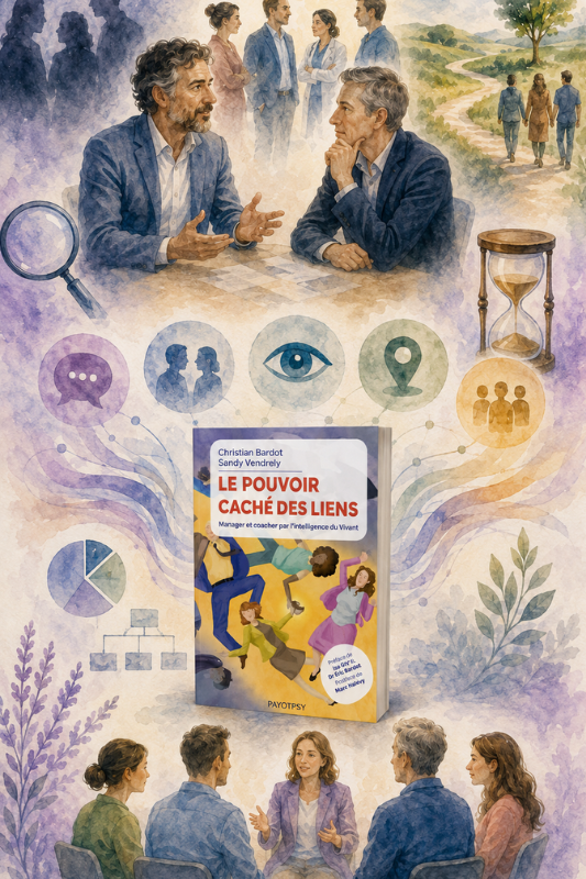 Illustration du livre Le Pouvoir Caché des Liens entouré de scènes évoquant les relations et les transformations collectives