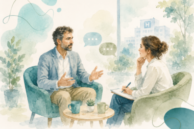 Deux professionnels échangent dans un environnement hospitalier, illustration des relations humaines et du management hospitalier.