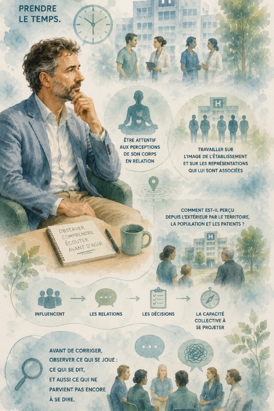 Illustration d’un responsable observant les relations, les perceptions et le fonctionnement collectif dans un établissement hospitalier