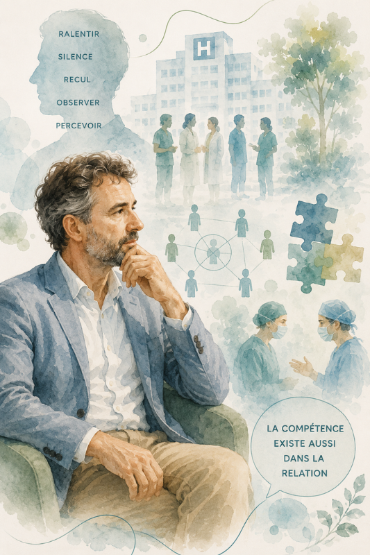 Illustration d’un professionnel observant les relations et les interactions au sein d’un environnement hospitalie
