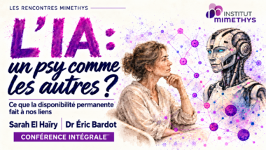 Une femme face à un robot humanoïde, illustration de la conférence « L’IA : un psy comme les autres ? » de l’Institut Mimethys.